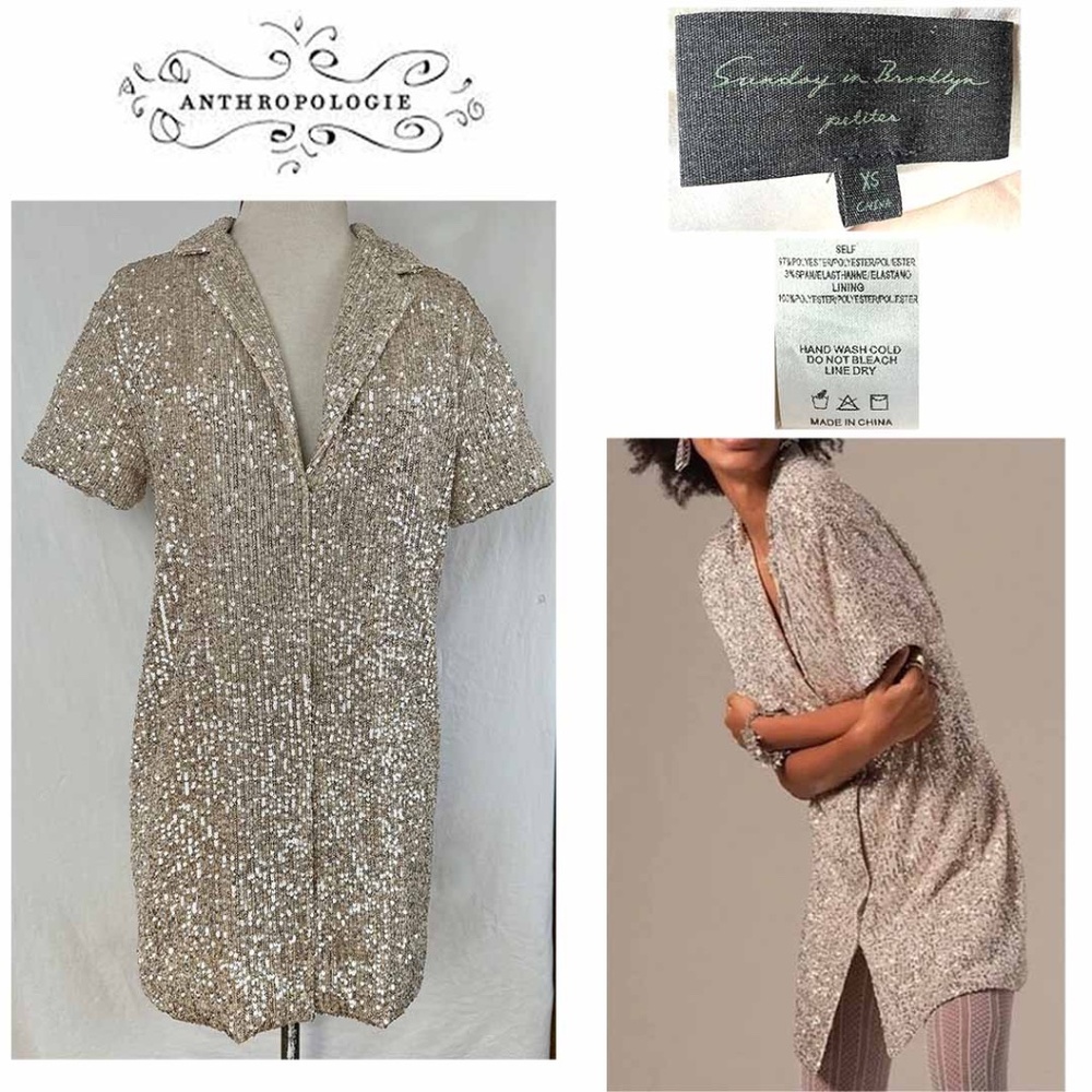 Sunday in Brooklyn Women XSP Sequin Short Sleeve Mini Tunic Shirt Dress EUC